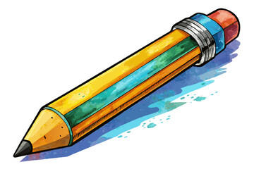 Colorful watercolor pencil with eraser and shadow on white background