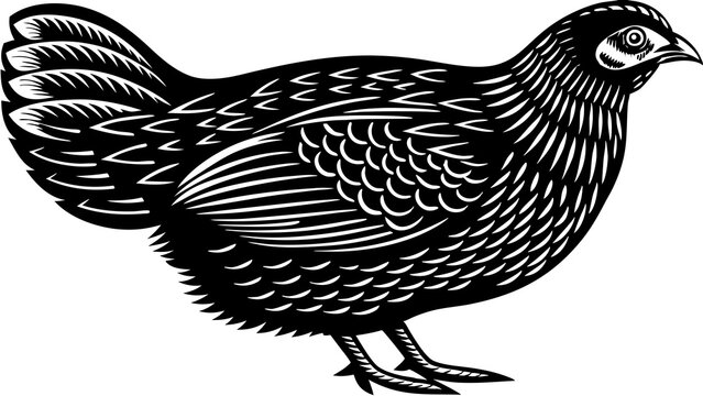 Illustration of a black and white quail with detailed feather patterns in a side profile view image