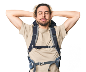 Young Caucasian hiker with backpack feeling confident, with hands behind the head.