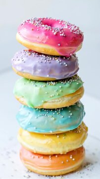 stack of colorful donuts, mix of multicolored doughnuts with sprinkel