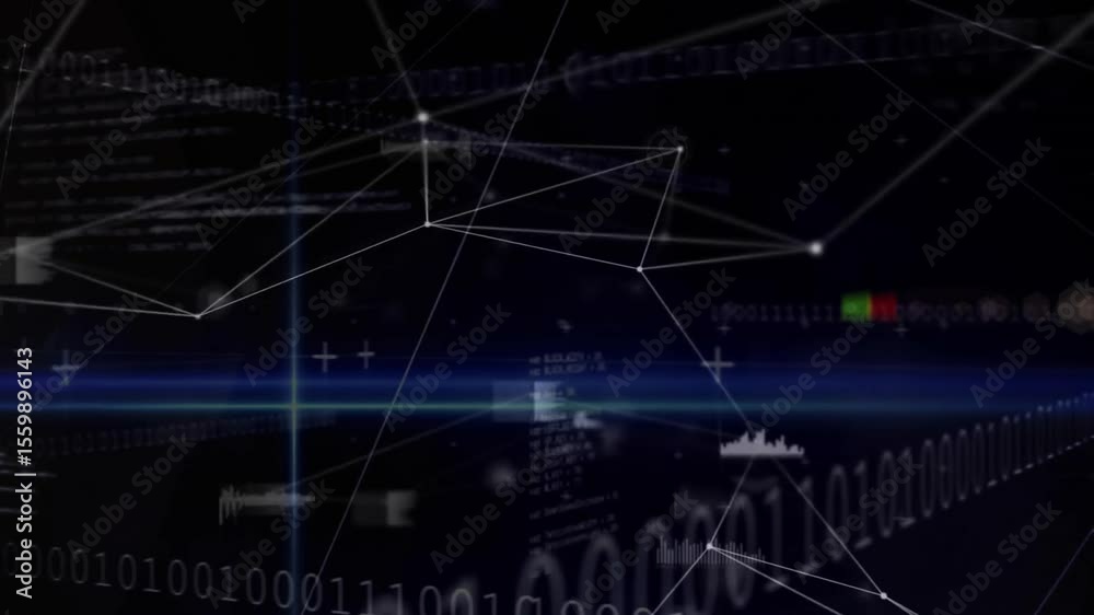 Poster Binary digits starting wireframe network blue flare sweeping golden orb pulsating showing data flow