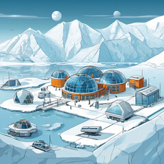 Vector Illustration of Arctic Research Station: Modern Design in Icy Landscapes