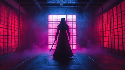 A futuristic samurai hologram appearing in a neon-lit dojo 