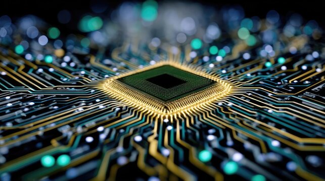 Scalable processor using next design concept. Close-up view of a modern microchip with intricate circuitry.