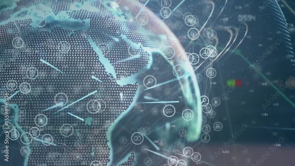 Poster upon dotted globe appearing rotating while data icons fading and connecting showing network flow