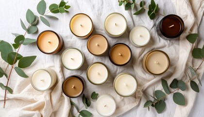 Beautiful flat lay of aromatherapy candles surrounded by eucalyptus leaves on linen fabric