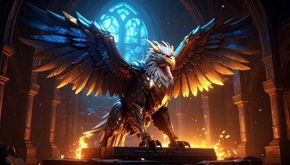 Dreadful demonic bird perched in a dark room exuding an ominous and mysterious aura