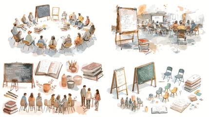 Watercolor classroom scenes with teachers, students, chalkboards, and school supplies, capturing education, collaboration, and learning environments.

