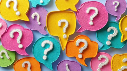 Colorful speech bubbles with question marks in bright shades of pink, yellow, blue, and green on a light background creating an engaging and whimsical mood