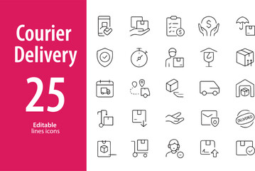 Courier Delivery Line Icons, Parcel, Tracking, Delivery Van, Package, Shipping Label, Home Drop-Off, and More , Editable Formats: AI, EPS, JPG, PNG , Ideal for Both Digital and Print Use