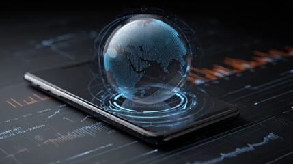 Digital Globe Projection on Smartphone Screen with Data Visualization and Technology Elements in Dark Background