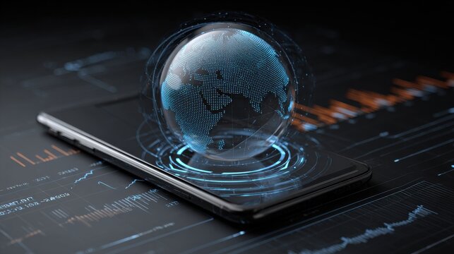 Digital Globe Projection on Smartphone Screen with Data Visualization and Technology Elements in Dark Background