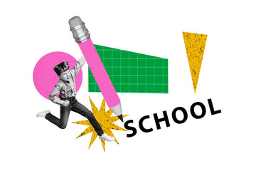 Banner pop art 3d zine full collage of happy nerd schoolboy run pencil education concept back to...
