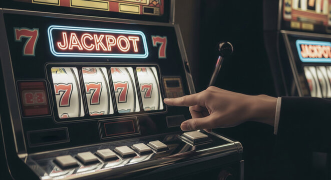 Minimalist retro player's hand spins vintage neon slot machine 777. Jackpot lettering design, one-armed bandit