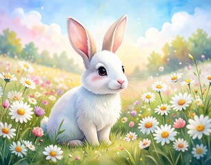 Fototapeta premium Adorable rabbit in daisy field with vibrant springtime background