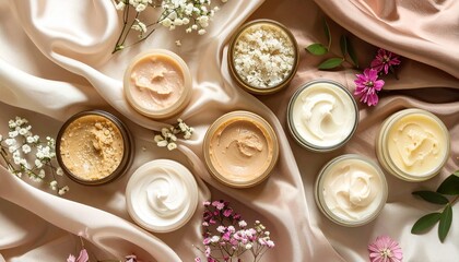 Array of body butters and scrubs on silk background in calming hues for skincare routine