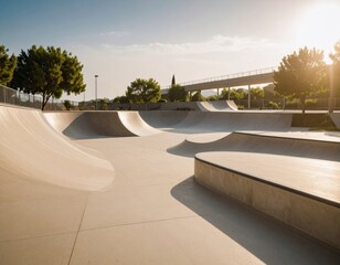 empty skatepark with ramps, half-pipes, urban extreme sport setting