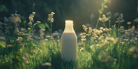 A bottle of milk is sitting in a field of grass