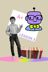 Vertical art 3d creative image collage of happy teenager schoolboy point artificial intellect smart...