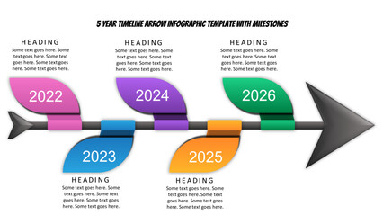 5 Year Timeline Arrow Infographic Template with Milestones. Fully editable vector SVG file compatible with PowerPoint, Illustrator, and most vector-based applications. Infographic.