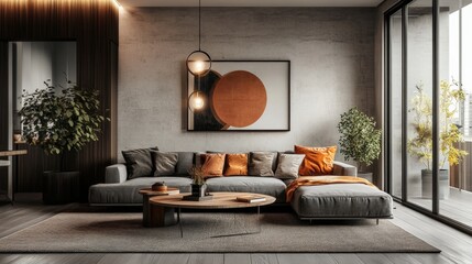 A living room with a couch, coffee table, and potted plants