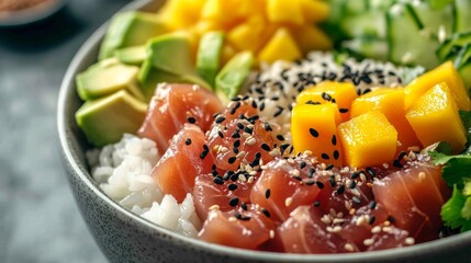 A bowl of food with a variety of ingredients including avocado, mango