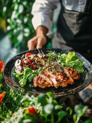 A man is holding a plate of food with chicken, mushrooms, and greens