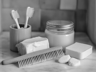 A toothbrush, a comb, a jar of lotion, and a bar of soap are on a counter