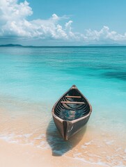 A small boat is sitting in the water near the shore