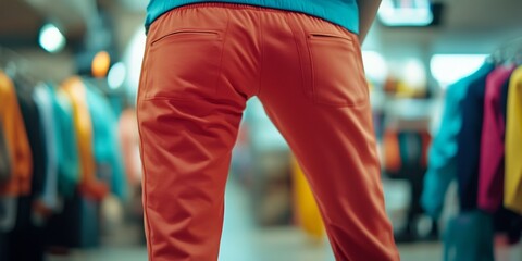 A person is standing in a store with orange pants