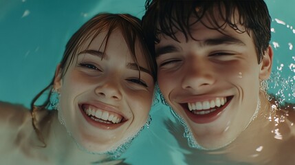A man and a woman are smiling in the water