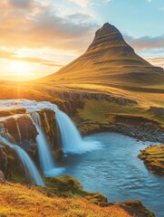 A waterfall is flowing into a lake