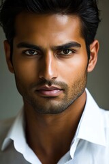 A man with brown hair and a beard is wearing a white shirt