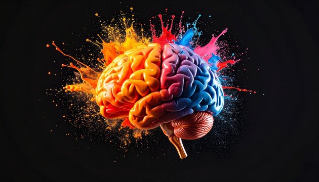 Creative artistic representation of a brain exploding with colorful paints on black background