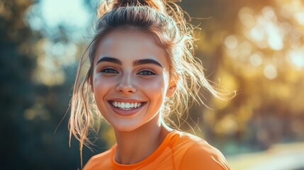 A woman with a ponytail and orange shirt