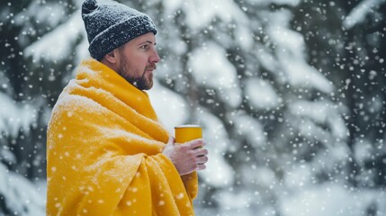 A man in a yellow blanket is holding a cup of coffee