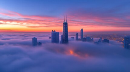 City skyline bathed in sunrise hues, above a sea of clouds