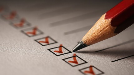Close-Up of a Red Pencil Checking Off Items on a Checklist with Neat Boxes on a Sheet of Paper in a Clean and Organized Workspace