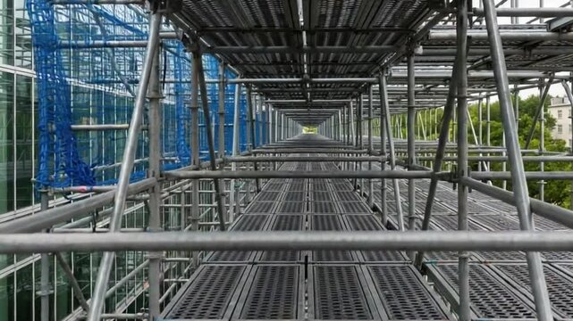 Industrial Walkway with Metal Grating and Structural Framework