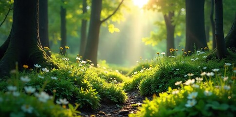 Fototapeta premium Dappled Sunlight Illuminates Lush Forest Floor Vibrant Moss, Wildflowers, Tranquil Woodland Scene