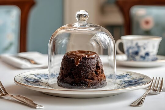 Elegant chocolate dessert under glass dome on fine china, with floral table setting and tea in background