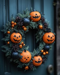 Halloween wreath adorning a dark teal door