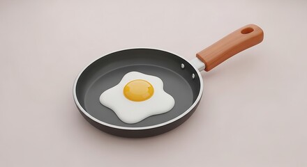A sunny side up egg sits in a black frying pan with a wooden handle on a table
