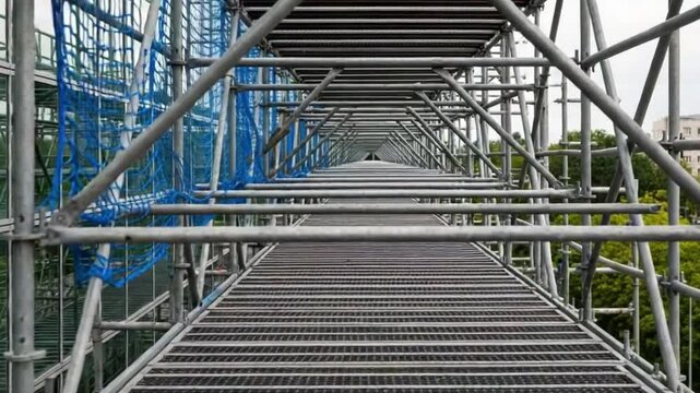 Industrial Walkway with Metal Grating and Structural Framework