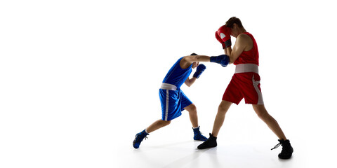 A boxing match showcases two male fighters exchanging punches on a white background. Concept of...