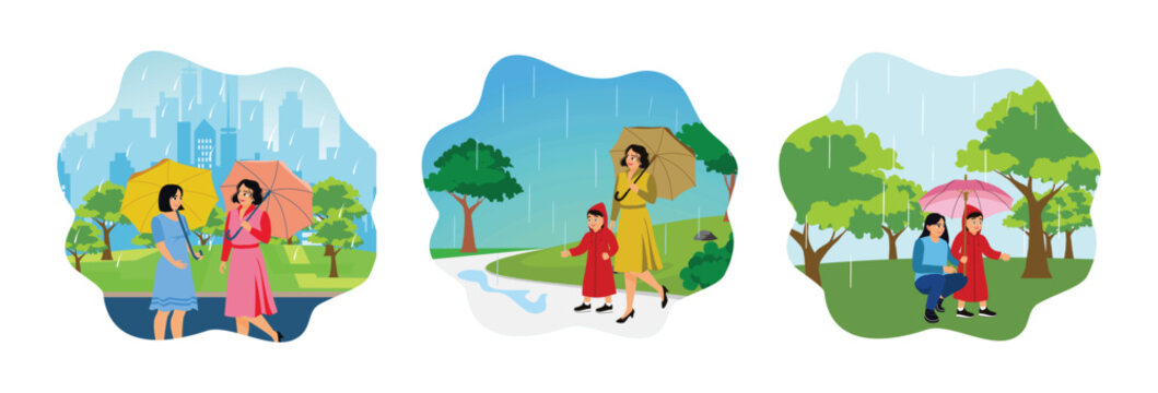 People walking and chatting in the rain using umbrellas and raincoats.