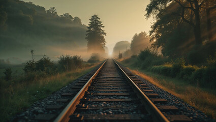 Fototapeta premium Railroad tracks disappearing into the misty sunrise over green landscape