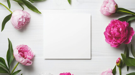 colorful peonies are arranged on a white background surrounding a blank card with copy space in center. This setup creates a bright and elegant space for heartfelt messages or designs.