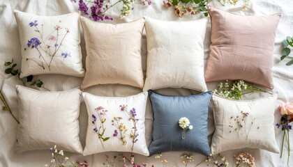 Delightful flat lay of pillows adorned with floral patterns on a calming linen background