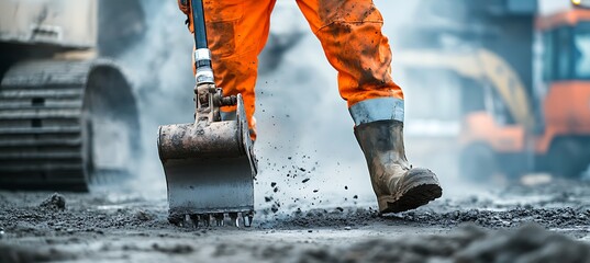 Construction worker using jackhammer with space on the side for company branding or logo